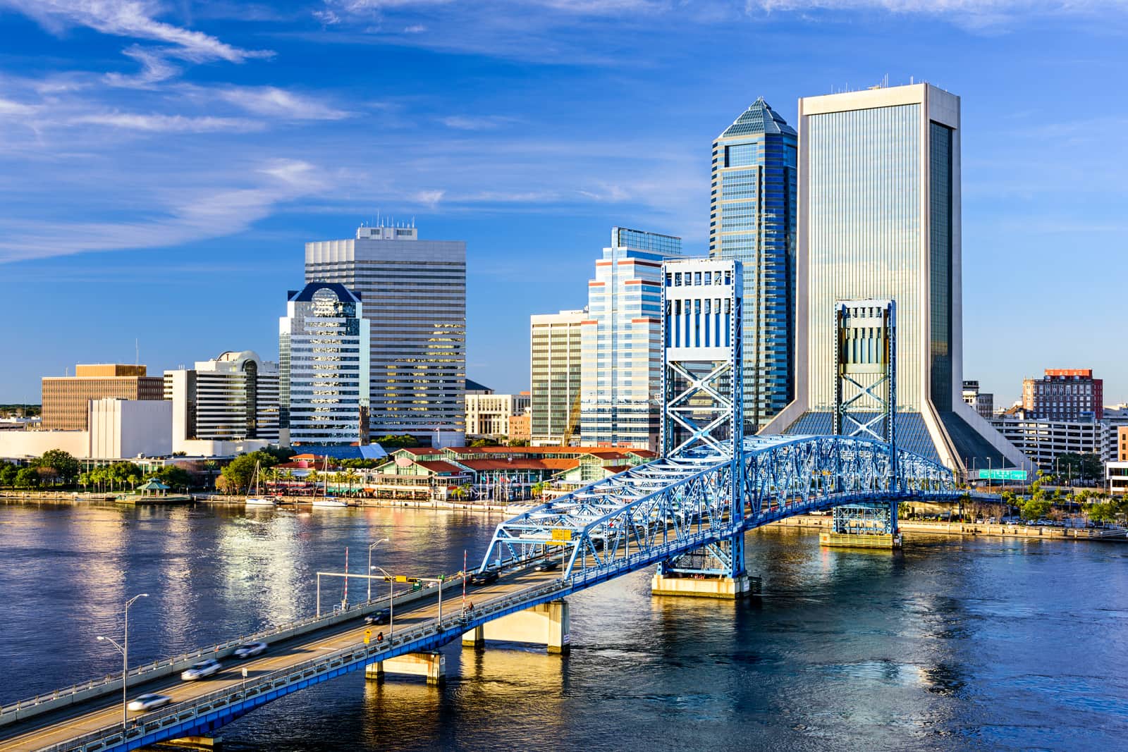 Jacksonville, Florida downtown city skyline overlooking bridge on St. Johns River.