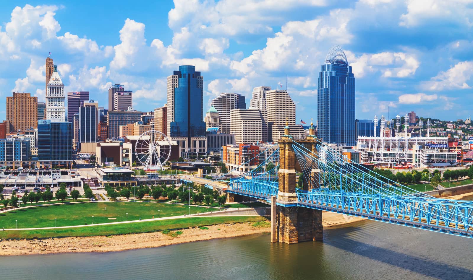 Cincinnati Ohio skyline with John Roebling bridge