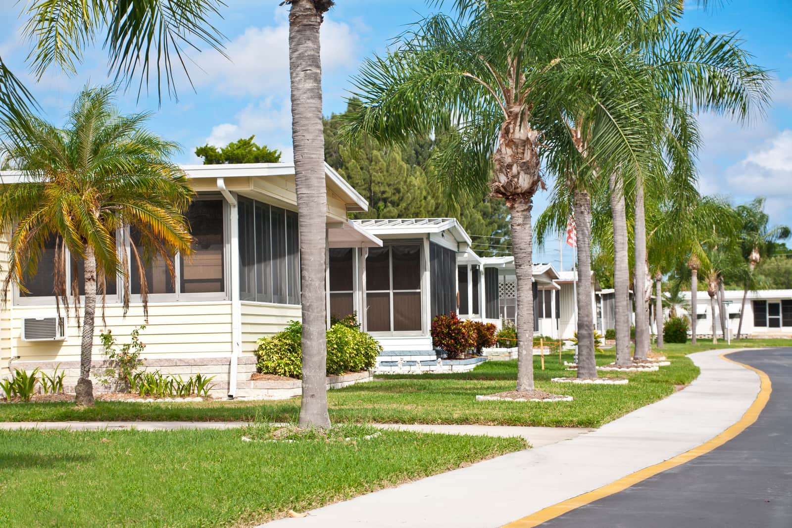 Mobile homes in a row located in a mobile home park in Florida. Street view with palm trees and sidewalk.