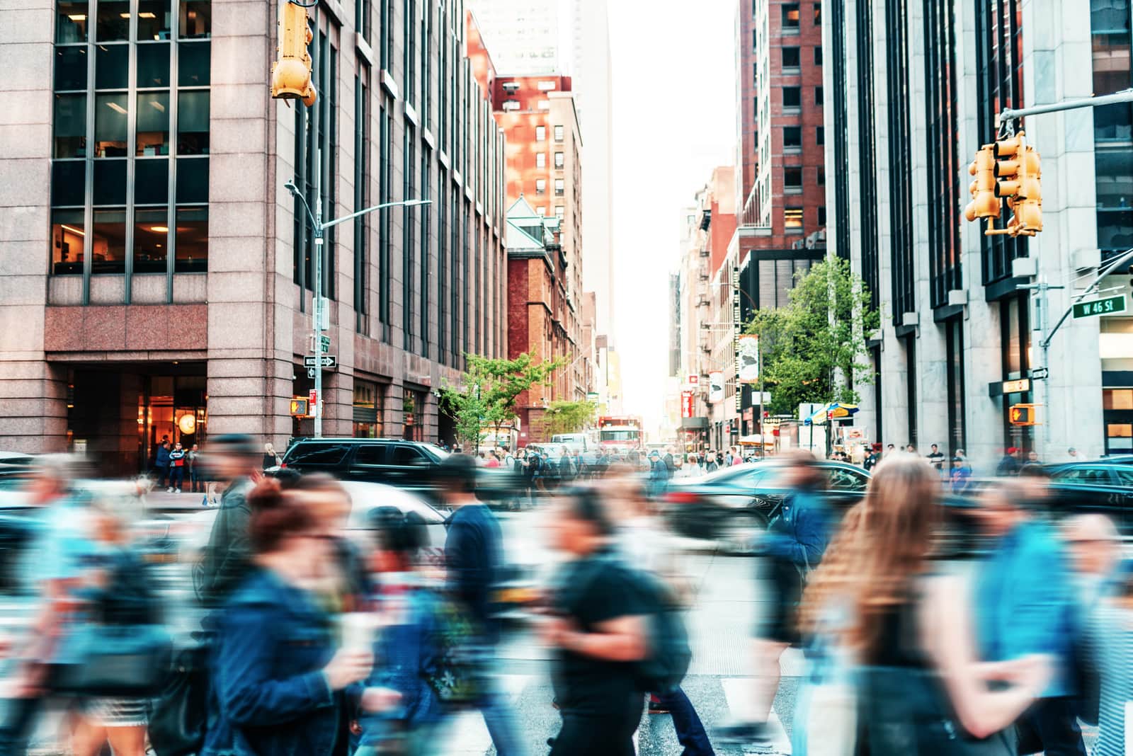 Crowded street with people in New York in springtime