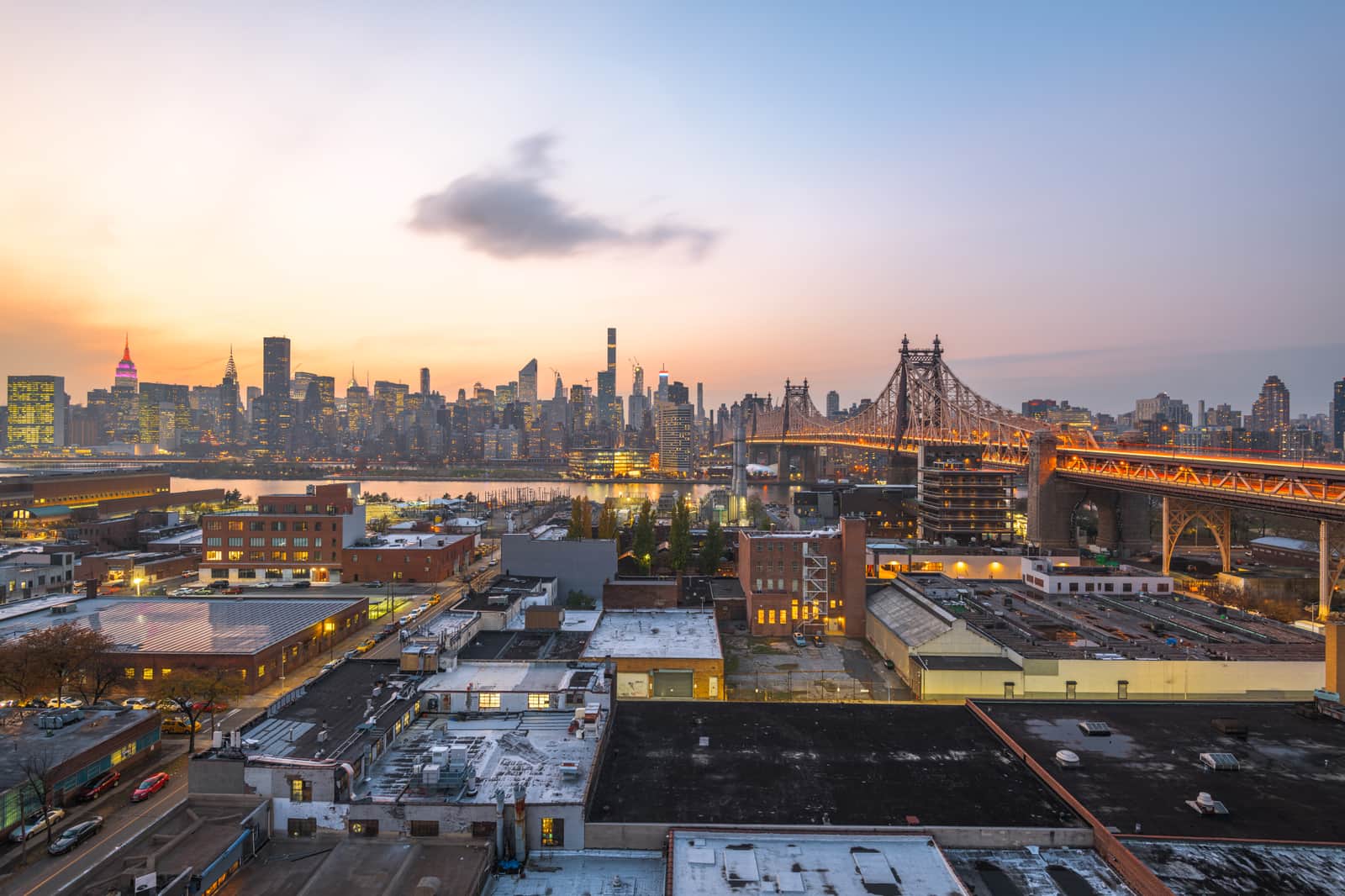 Queensboro Bridge towards Manhattan skyline at dusk